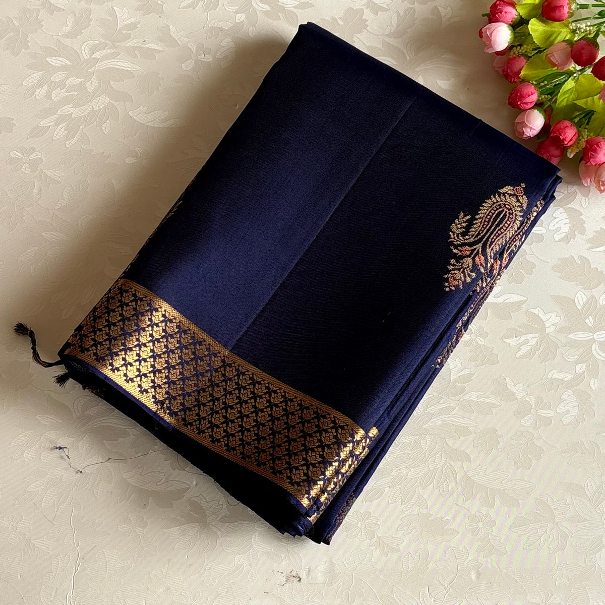 Midnight Blue Designer Pure Silk Saree With Antique Gold Pallu