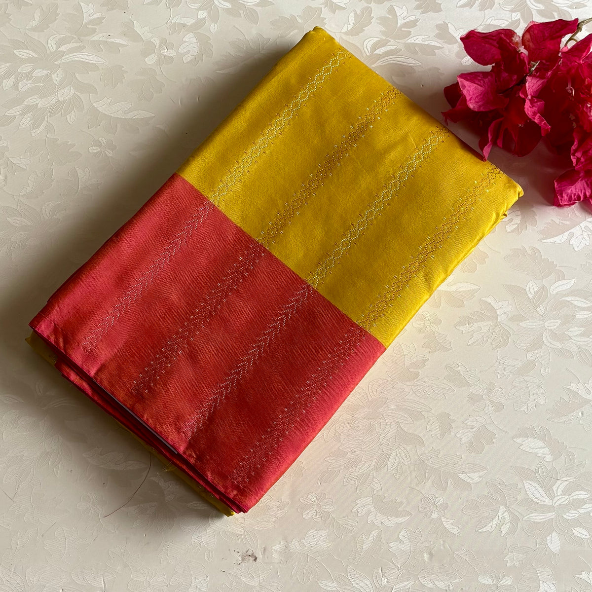 Mustard Yellow Soft Mixed Silk Saree With Coral Pink Pallu