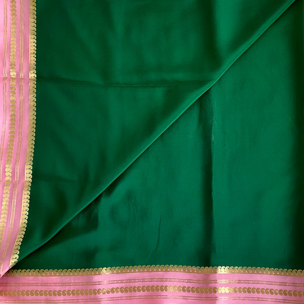Rose Pink Mysore Crepe Silk Saree Emerald Green Pallu Zari Border