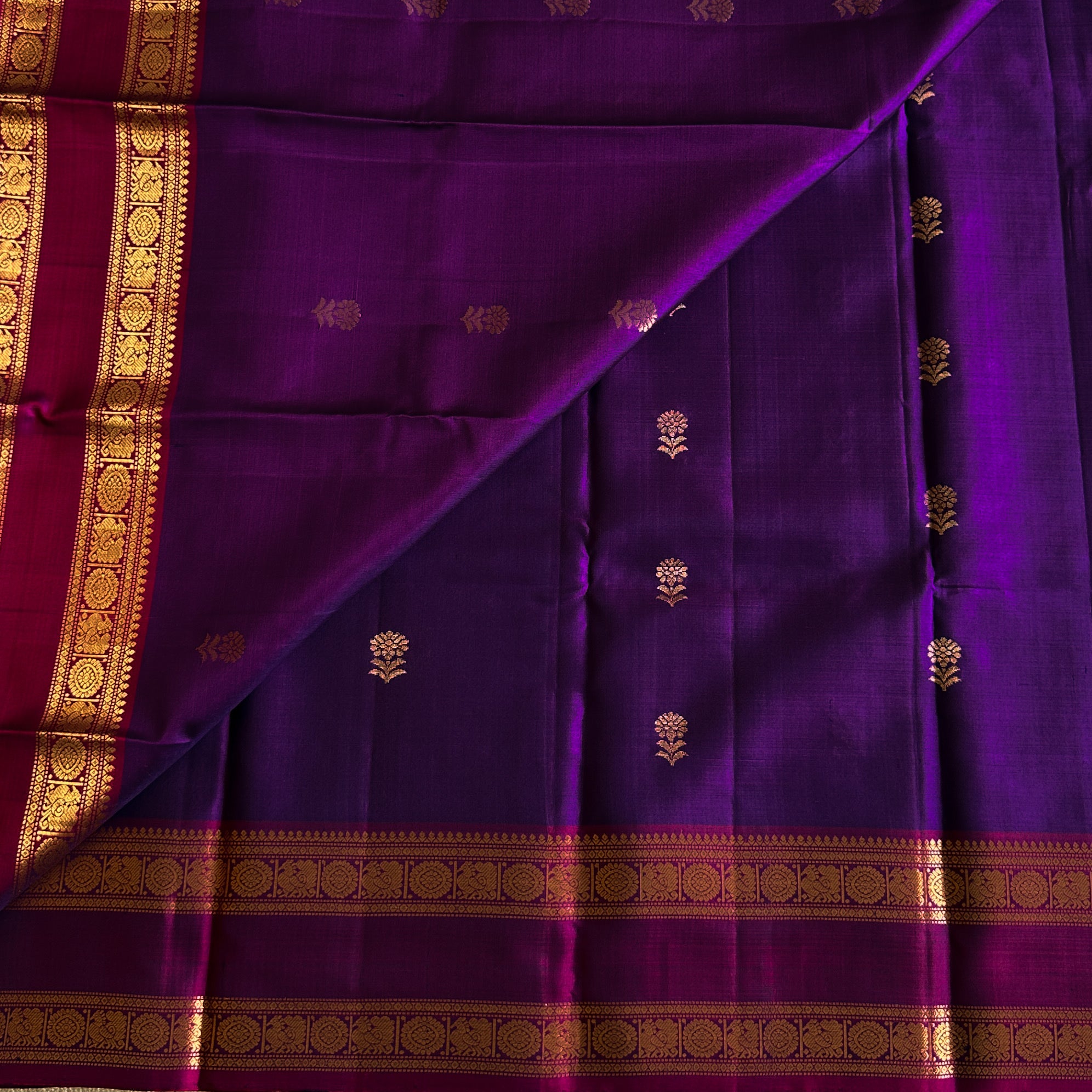 Magenta Silk Saree Gold Brocade Paisley Wedding Traditional Elegant Drape