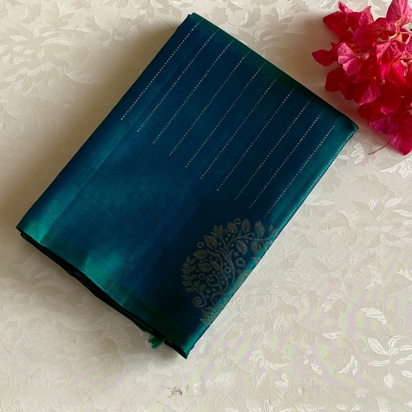 Peacock Blue Designer Pure Silk Saree With Gold Zari Peacock Motifs