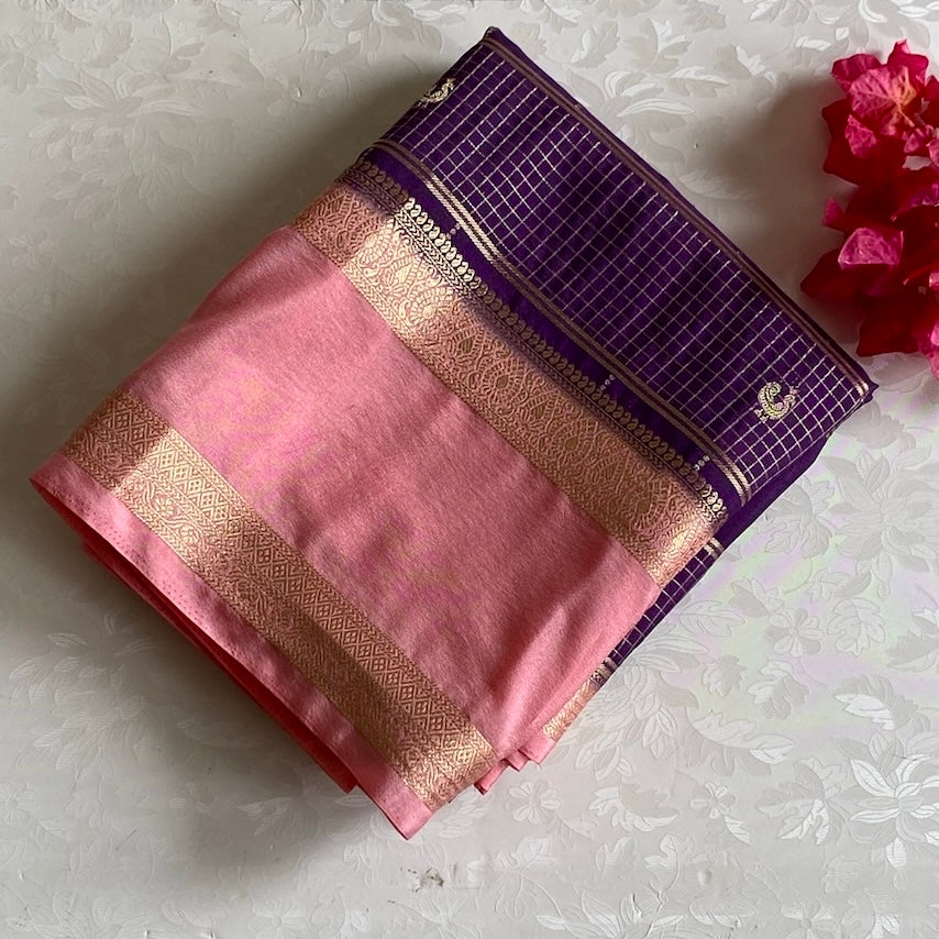 Dreamy Purple Soft Crepe Checkered Silk With Blush Pink Contrast