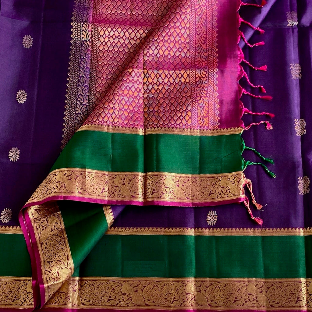 Royal Purple Designer Pure Silk Saree With Fuchsia Pink Pallu