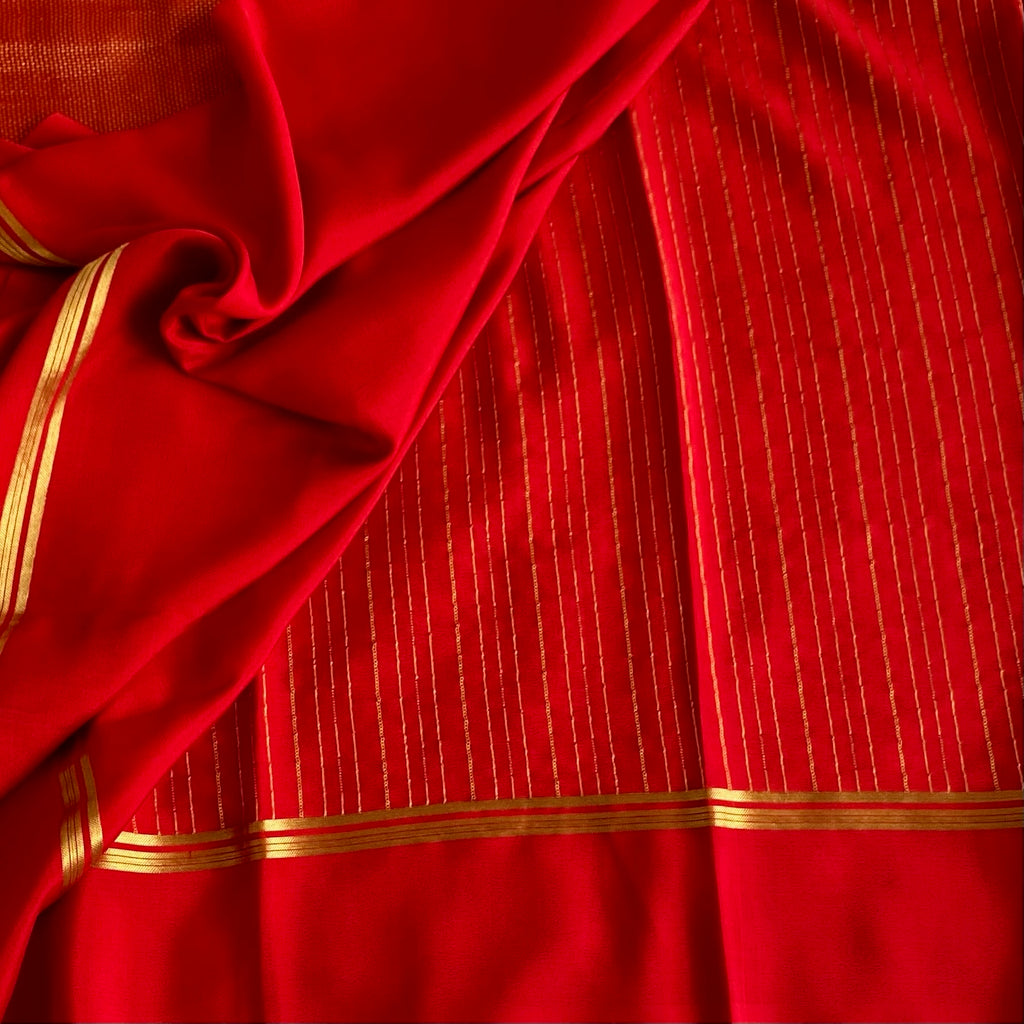 Crimson Red Mysore Crepe Silk Saree With Metallic Gold Stripes