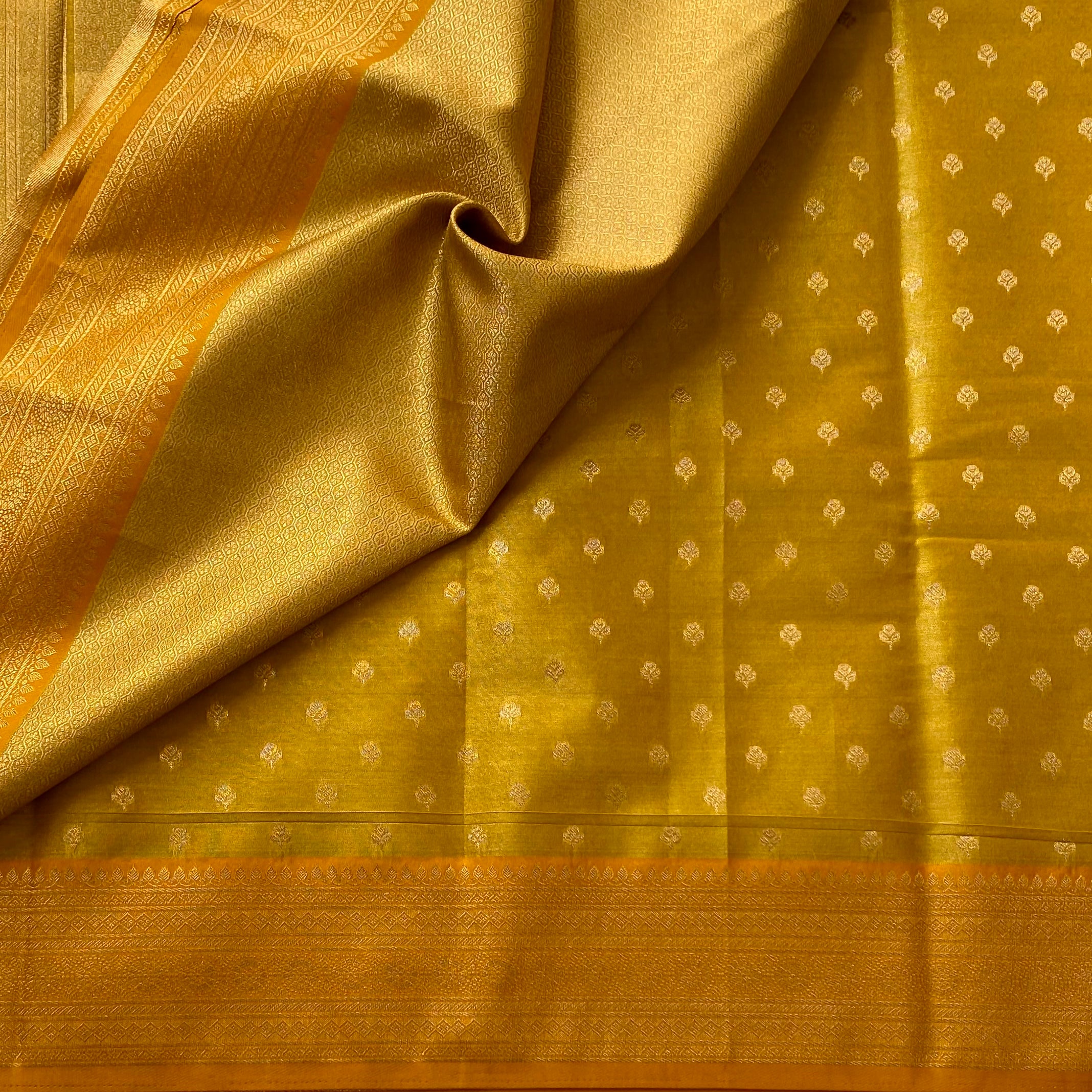 Mustard Gold Banarasi Style Saree With Zari Border Tassel Pallu