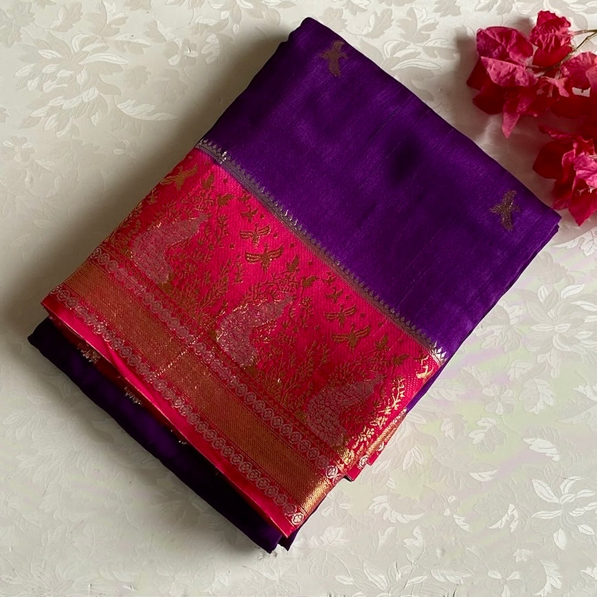 Royal Purple Soft Tussar Silk Saree With Rani Pink Pallu