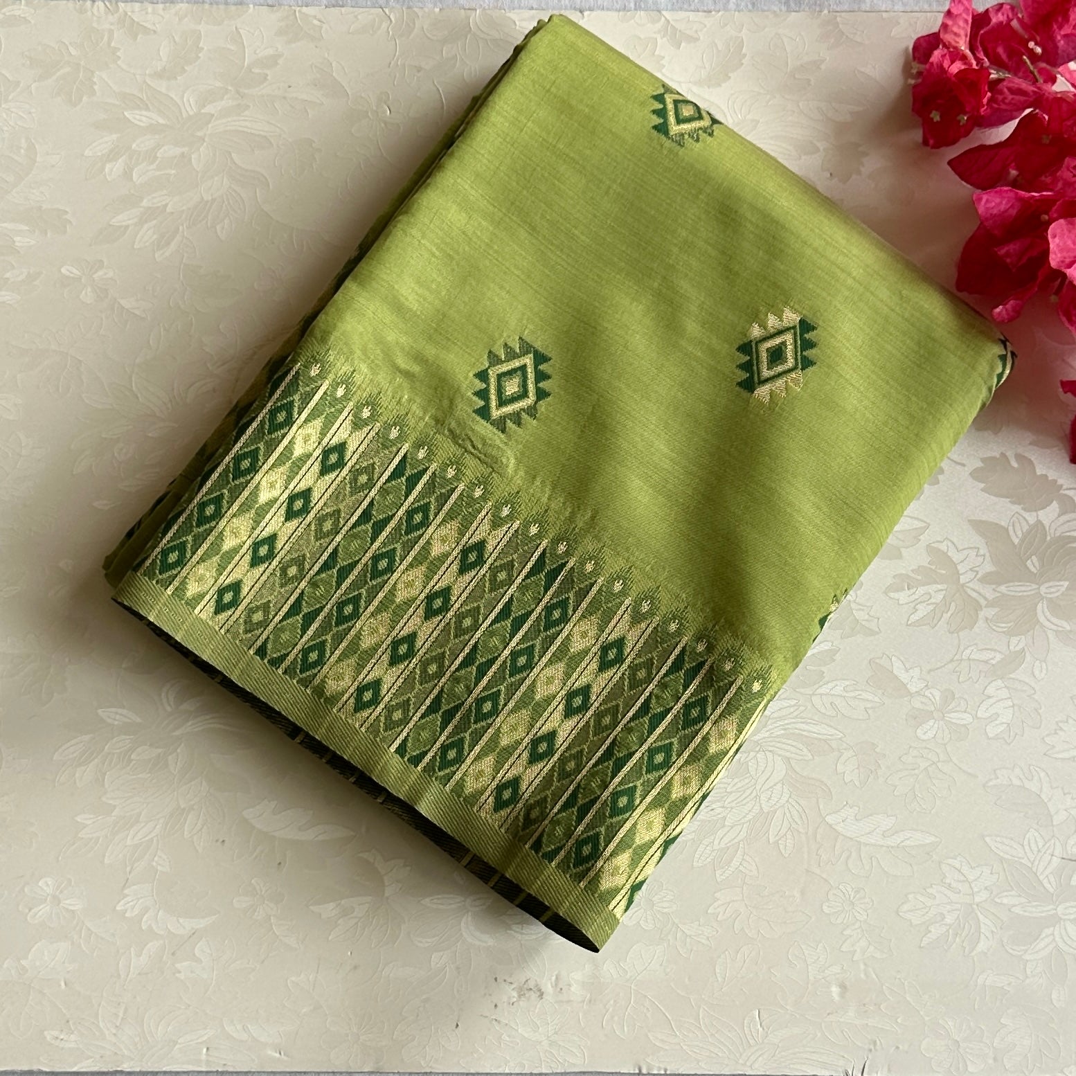 Pistachio Green Silk Saree With Emerald Diamond Zari Work Border