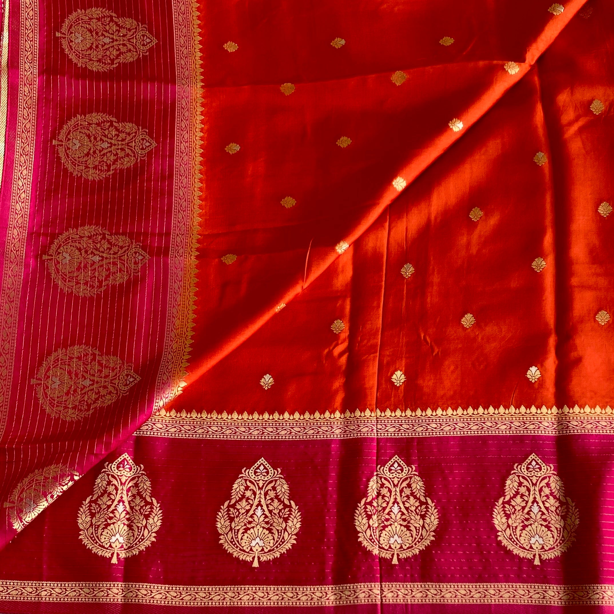 Burnt Orange Soft Tussar Silk Saree With Rani Pink Pallu