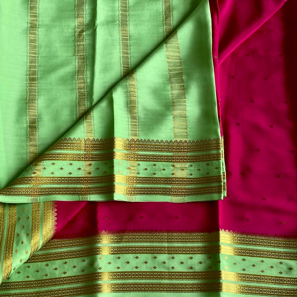 Rani Pink Mysore Crepe Silk Saree With Mint Green Border