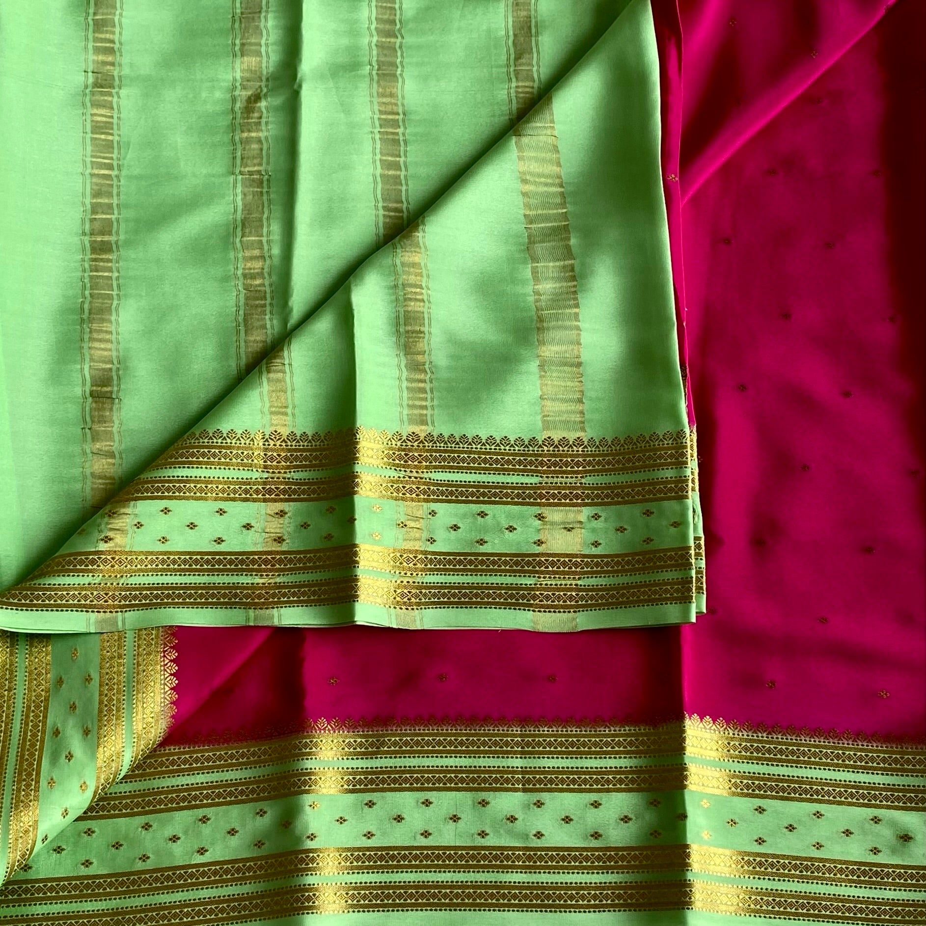 Rani Pink Mysore Crepe Silk Saree With Mint Green Border