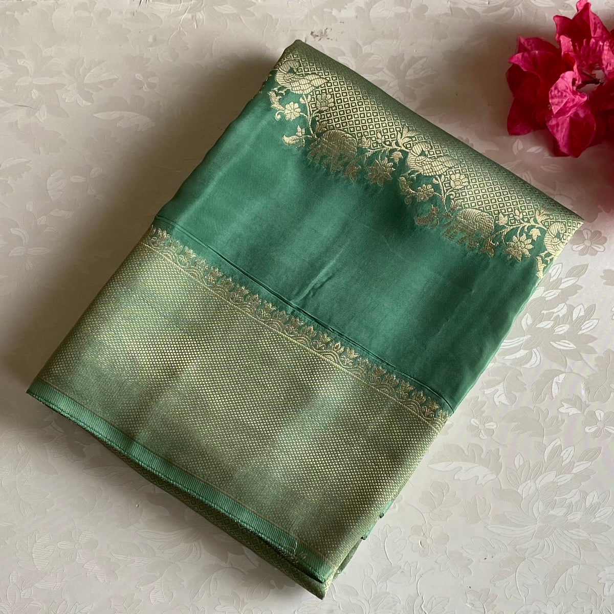 Teal Green Soft Crepe Silk Saree With Antique Gold Border Panels