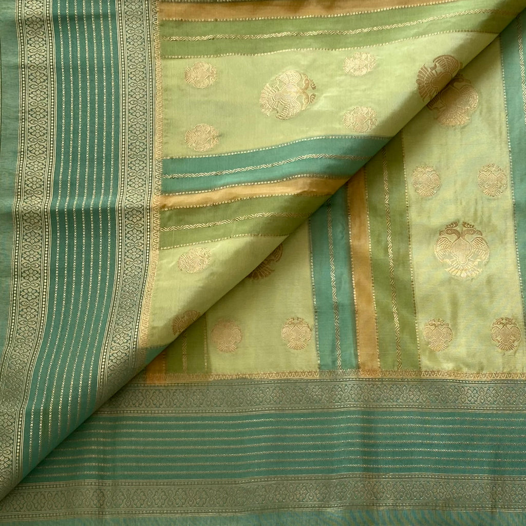 Shades Of Lime n Green Soft Crepe Silk With Designer Gandaberunda Buttas