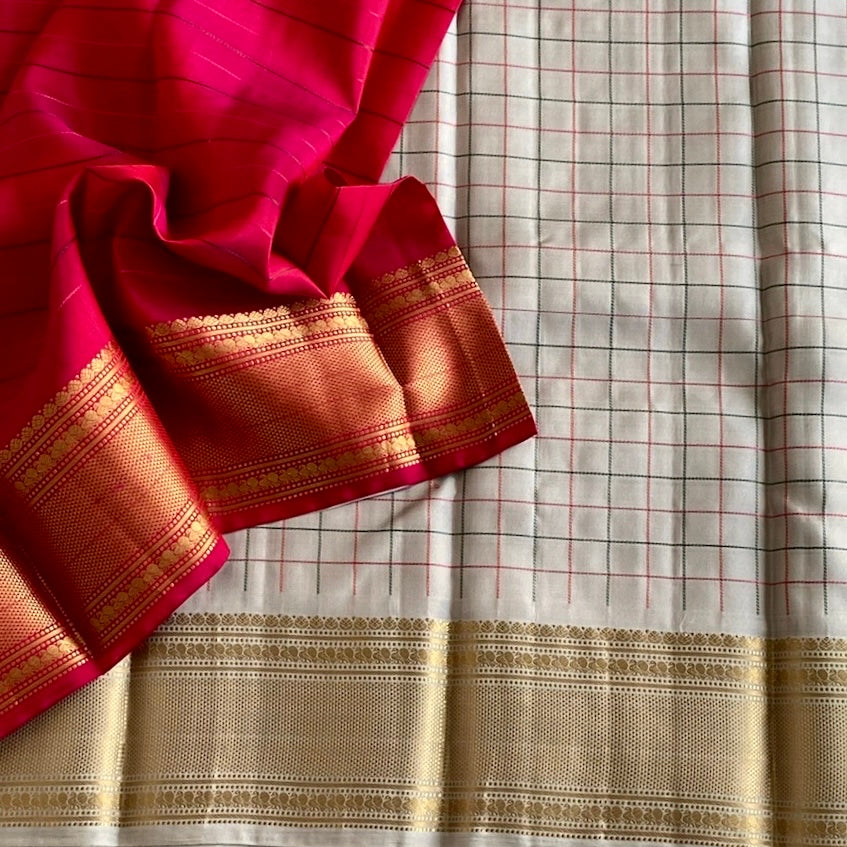 Slate Grey Designer Pure Silk Checkered Beauty With Rich Rani Pink Pallu