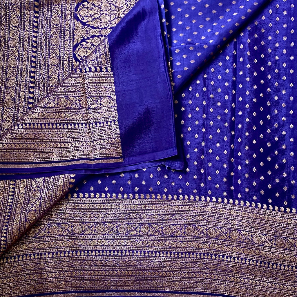 Royal Blue Gold Brocade saree with Heavy Zari Border Elegant