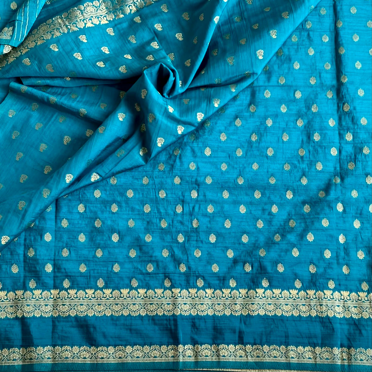 Turquoise Blue Soft Tussar Silk Saree With Metallic Gold Brocade Pallu