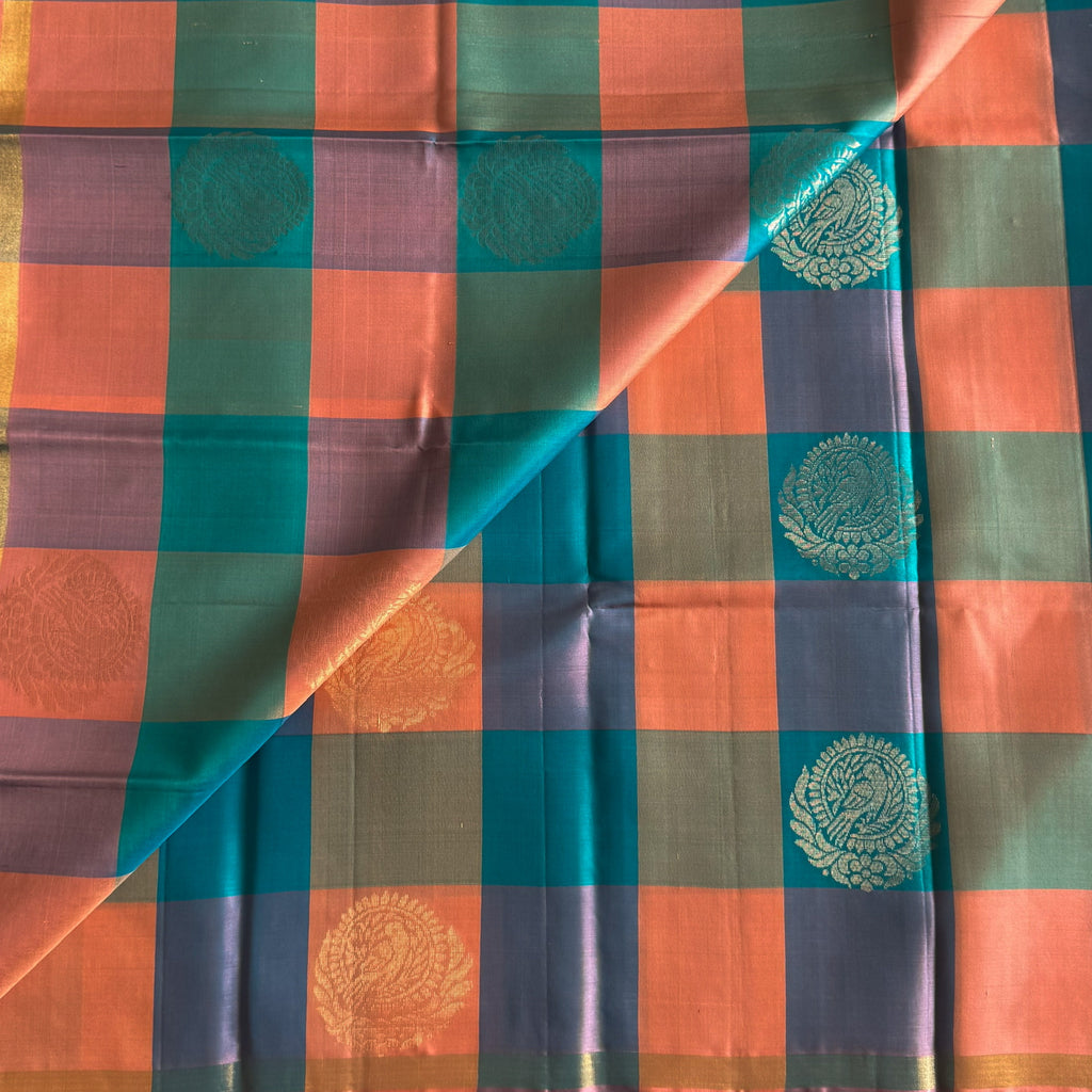 Teal Silk Checked Saree Floral Jaal Pallu Antique Gold Border