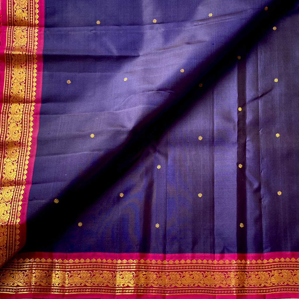 Magenta Navy Silk Saree Gold Zari Lattice Border Wedding Traditional