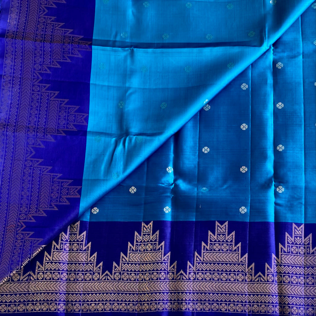 Turquoise Blue With Royal Blue Designer Pure Silk Saree With Temple Borders