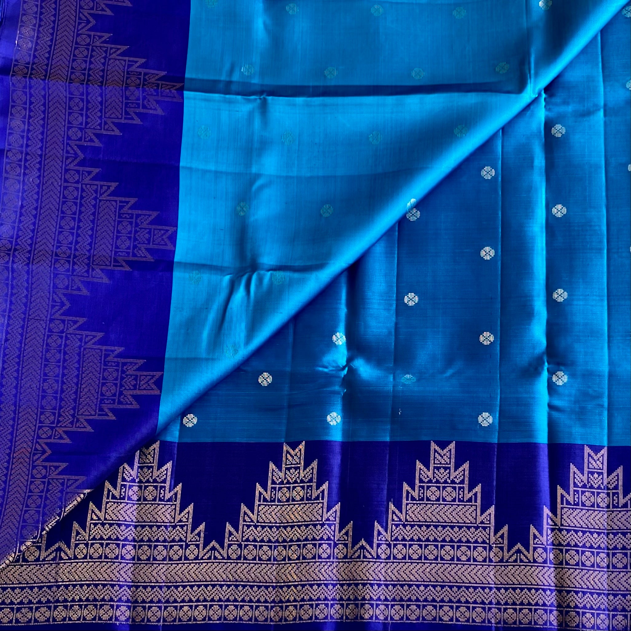 Turquoise Blue With Royal Blue Designer Pure Silk Saree With Temple Borders