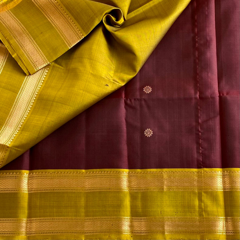 Chocolate Wine Designer Pure Silk Saree With Olive Green Contrast