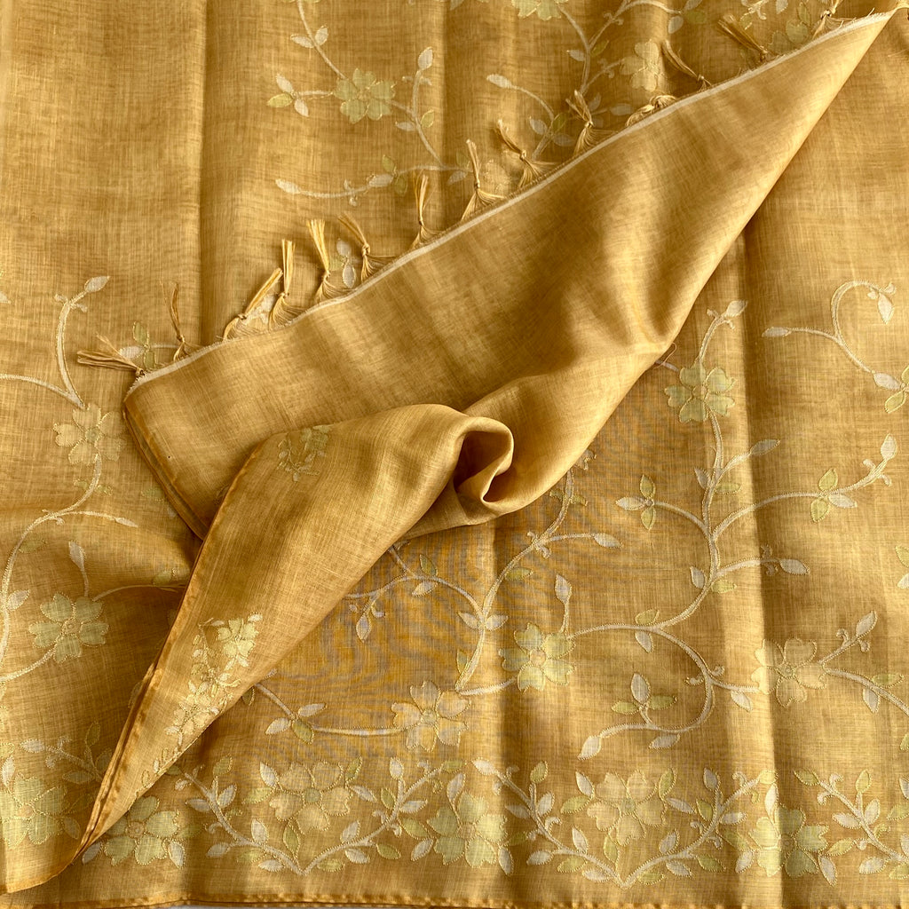 Mustard Yellow Floral Embroidered Saree with Tassel Border Elegant Traditional