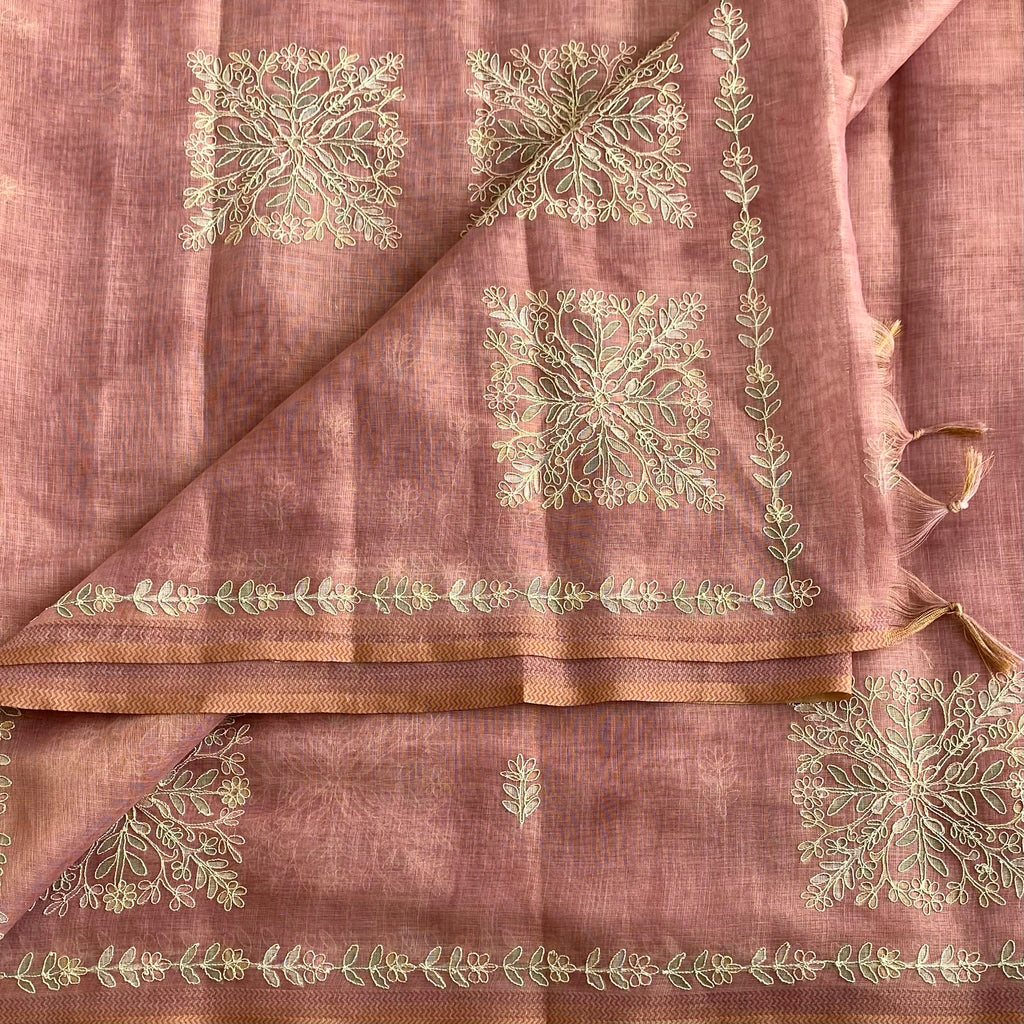 Dusty Rose Soft Tussar Silk Saree With Pale Gold Embroidery