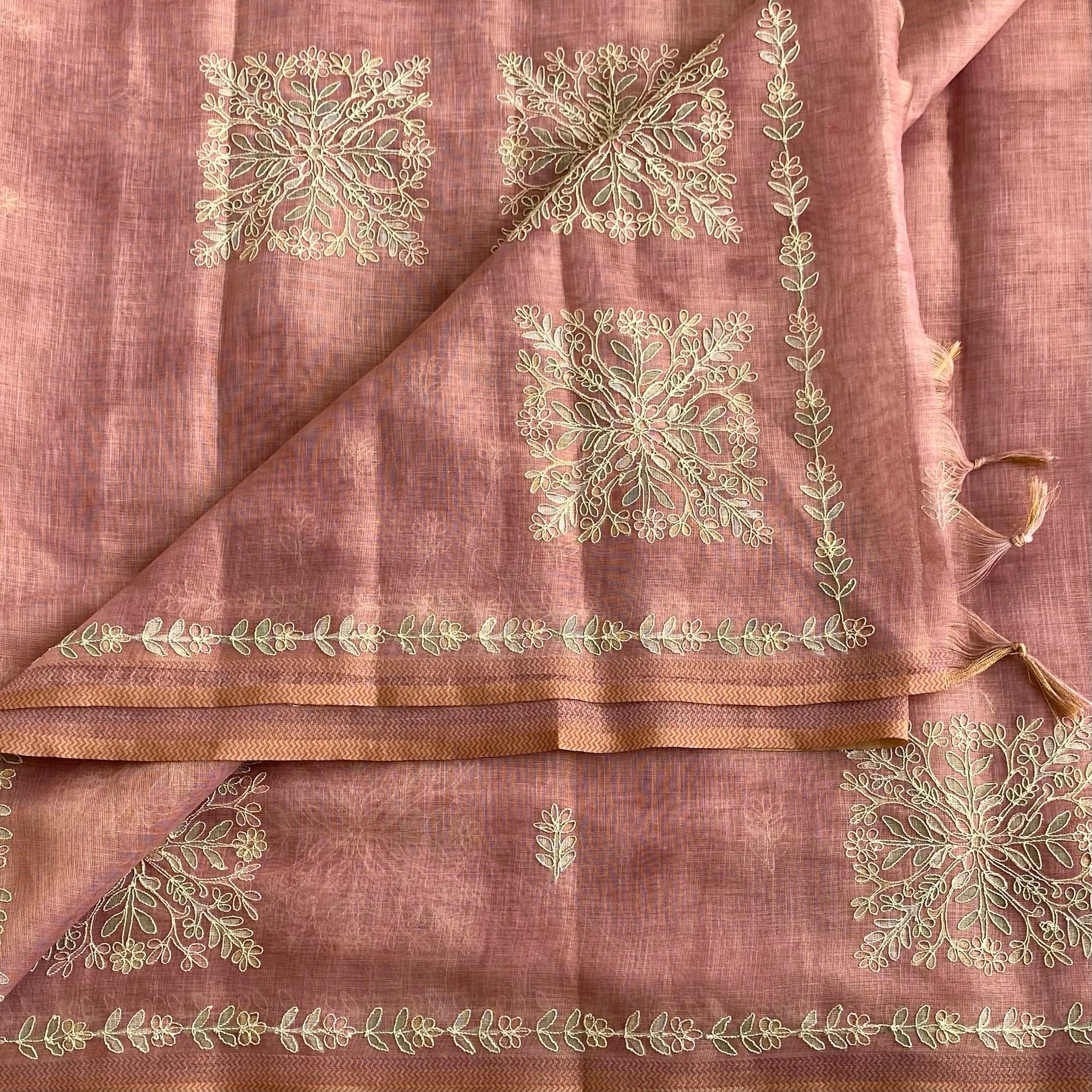 Dusty Rose Soft Tussar Silk Saree With Pale Gold Embroidery
