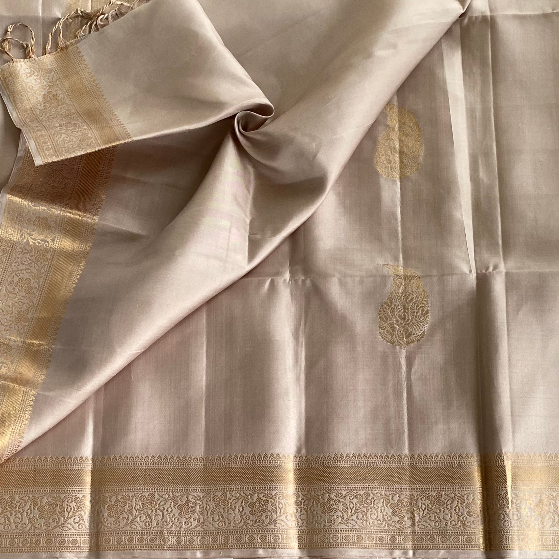 Champagne Designer Pure Silk Saree With Antique Gold Border