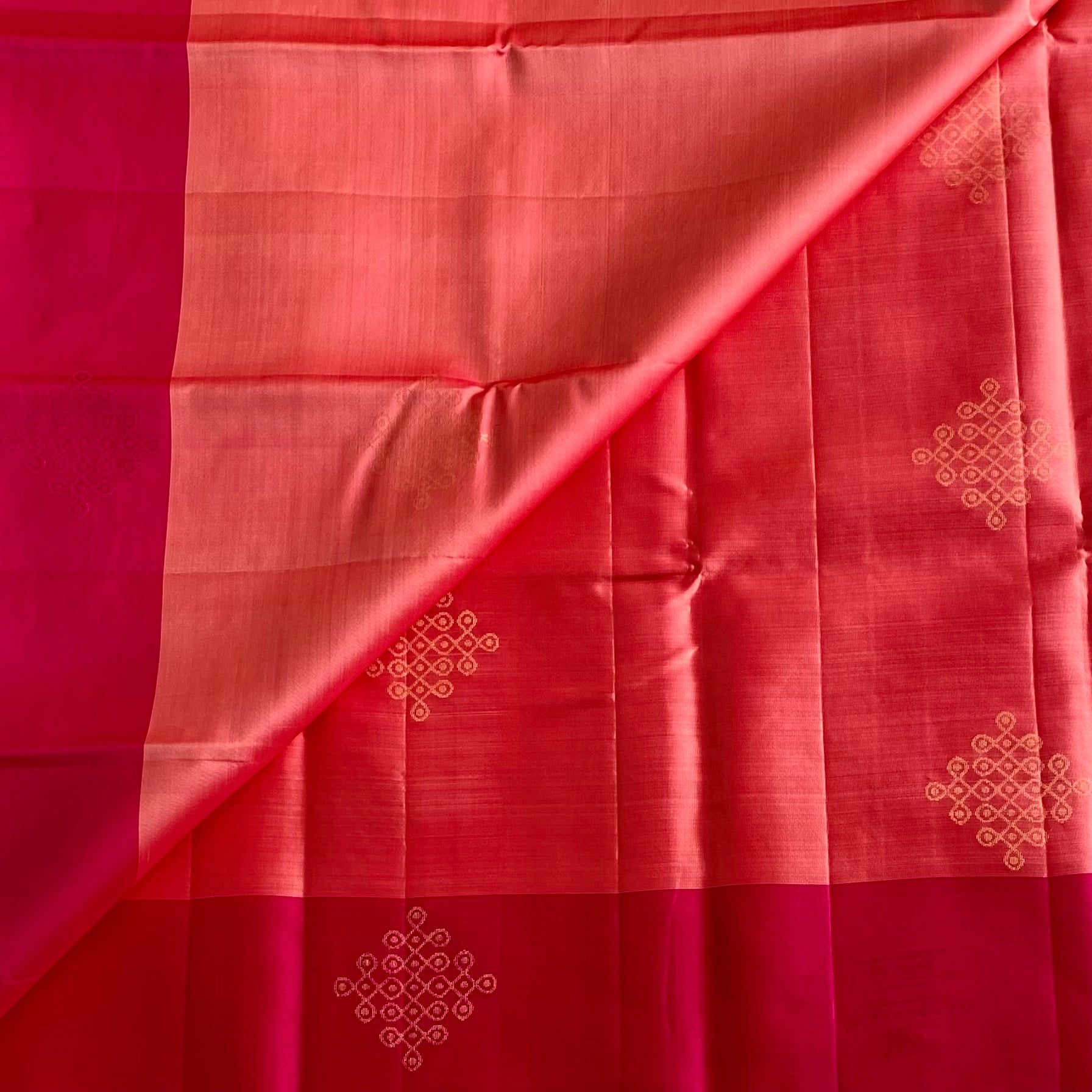 Coral Peach Kollam Designer Pure Silk With Rani Pink Contrast