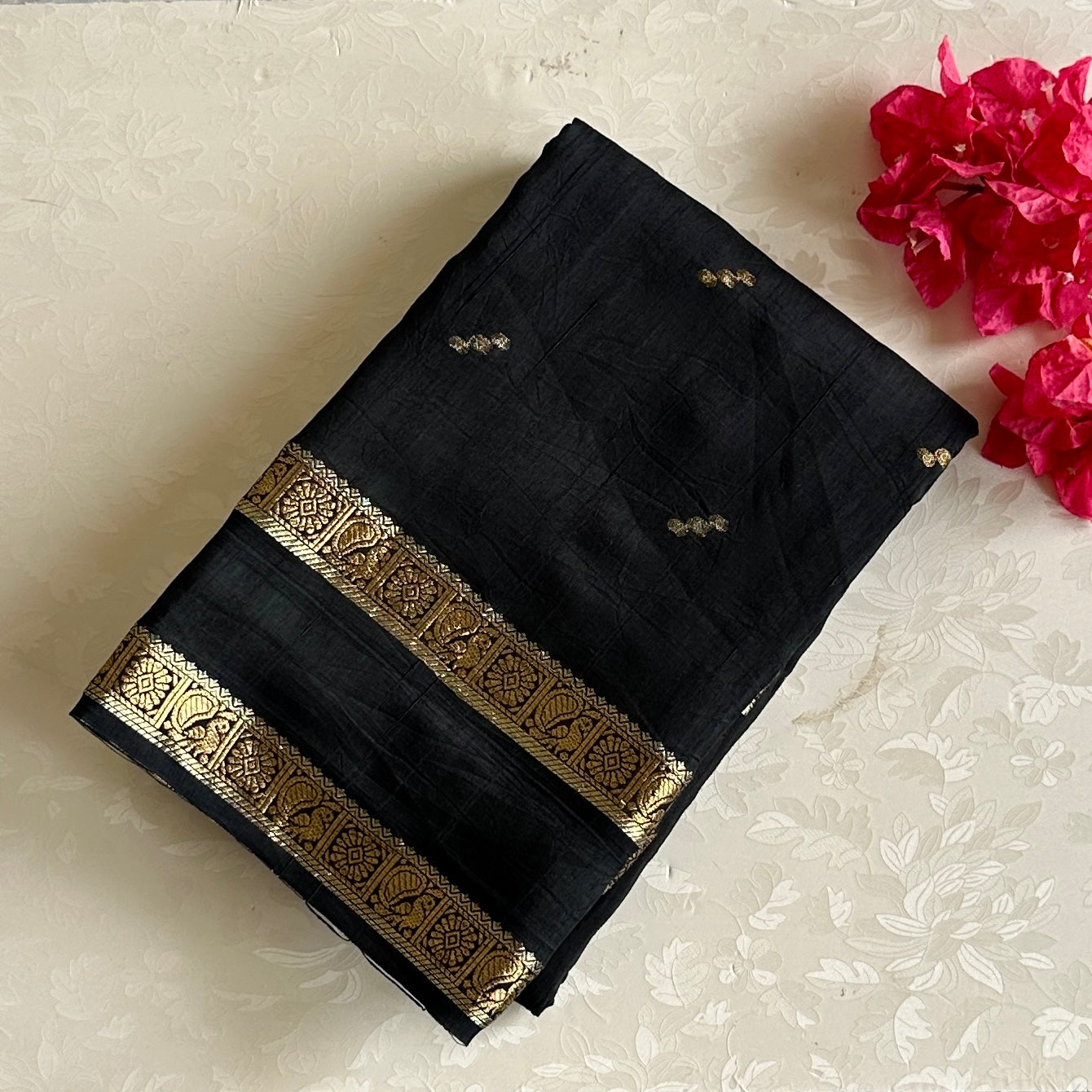 Midnight Blue And Antique Gold Soft Tussar Silk Saree With Striped Pallu