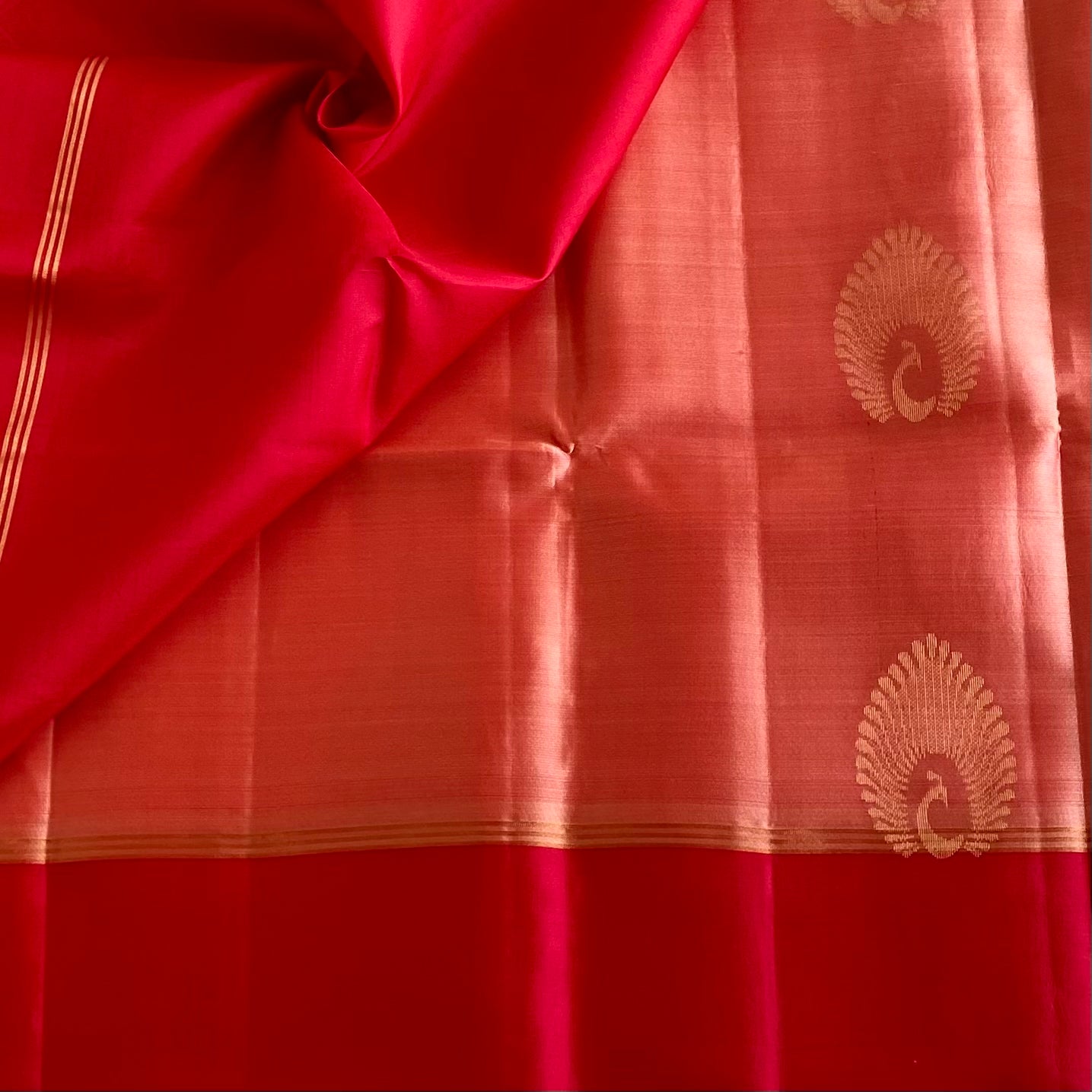 Coral Peach With Scarlet Red Designer Pure Silk With Zari Woven Motifs