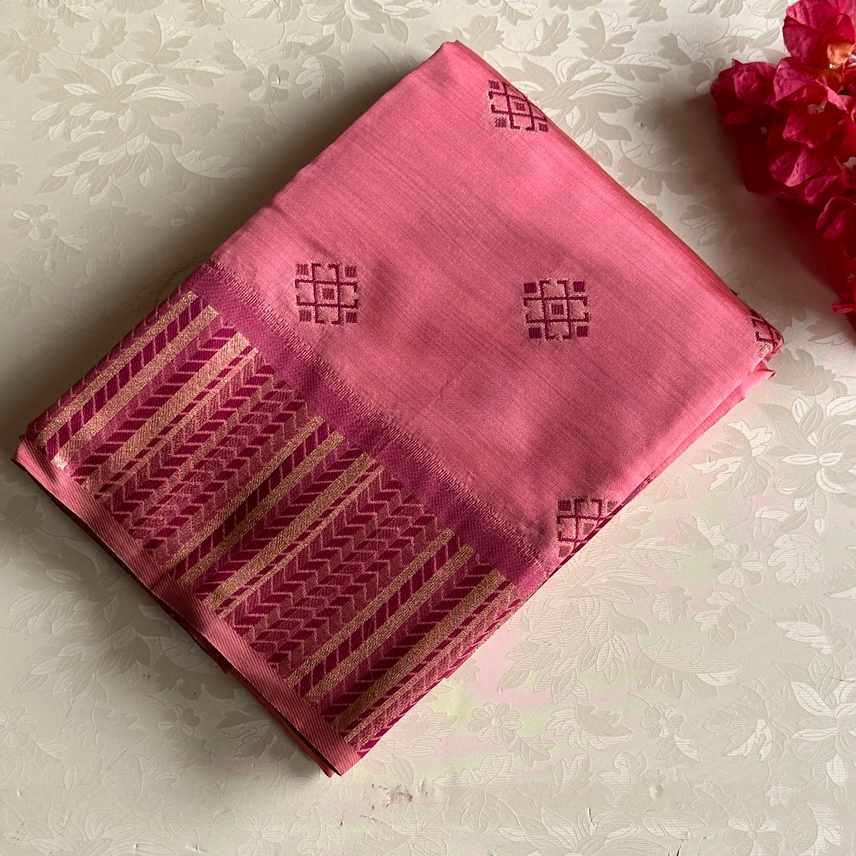 Rose Pink Silk Saree Gold Zari Magenta Chevron Pallu Tassel