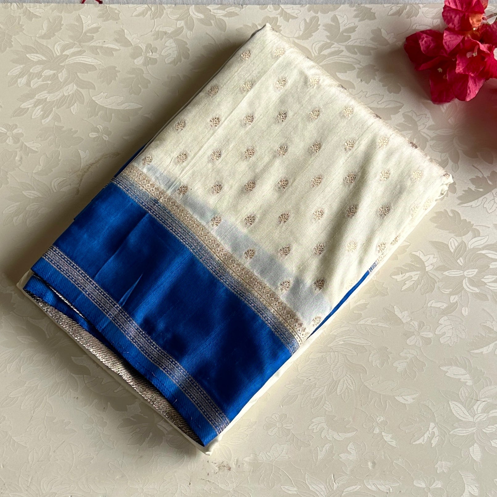 Ivory Blue Silk Saree with Gold Brocade Pallu Tassel Border