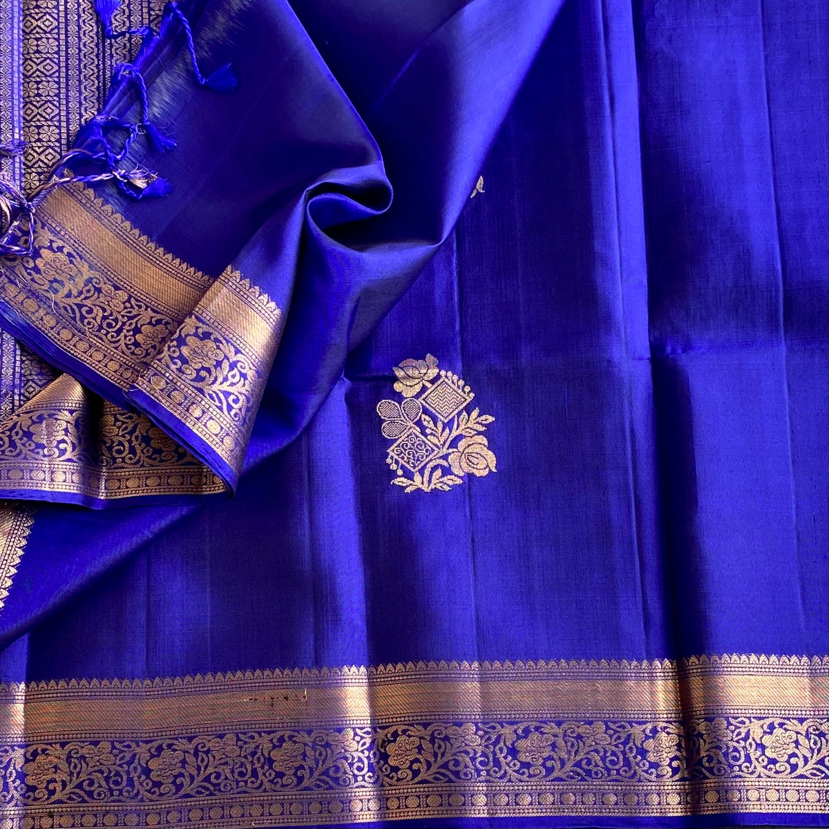 Royal Blue Designer Pure Silk Saree With Antique Gold Zari Work
