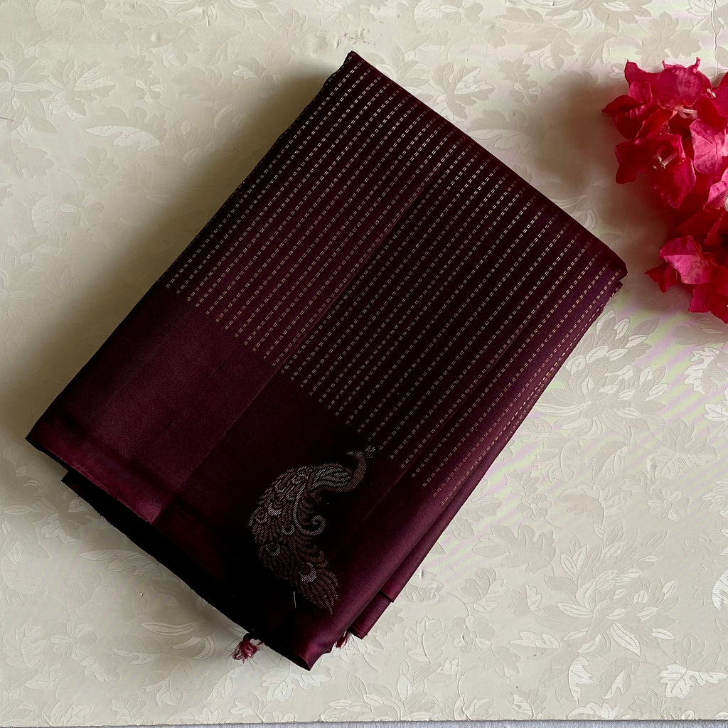 Burgundy Designer Pure Silk Saree With Antique Gold Pallu And Rani Pink