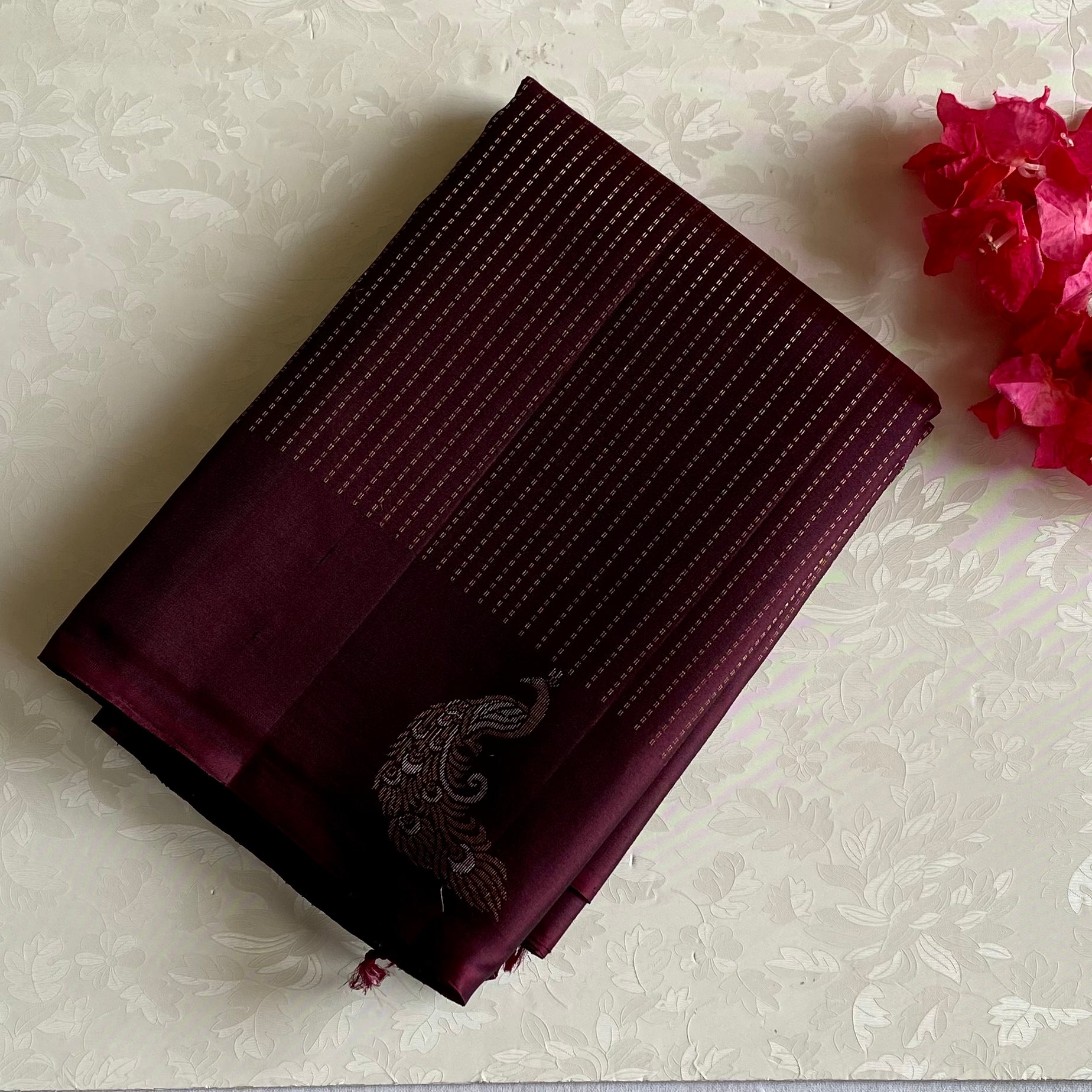 Burgundy Designer Pure Silk Saree With Antique Gold Pallu And Rani Pink