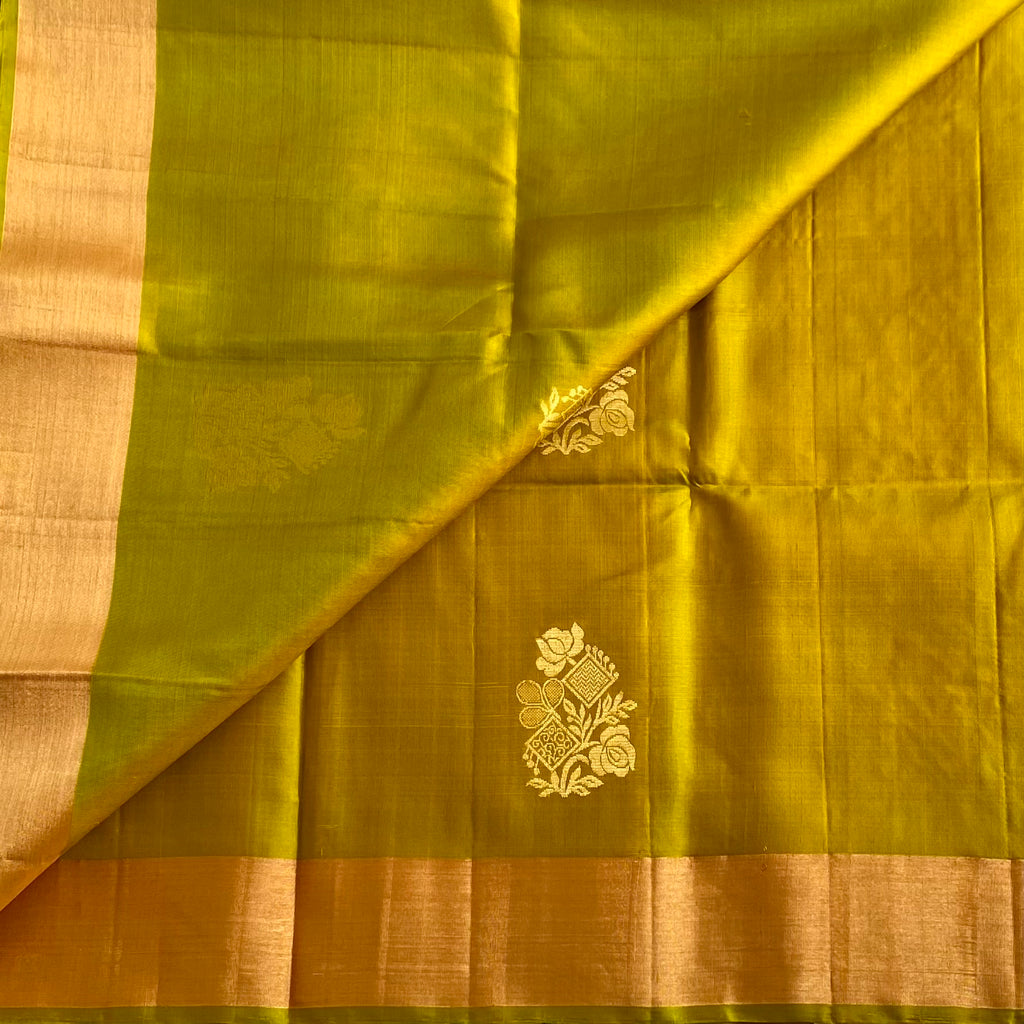Mustard Yellow Designer Pure Silk Saree Peacock Blue Pallu Gold Border