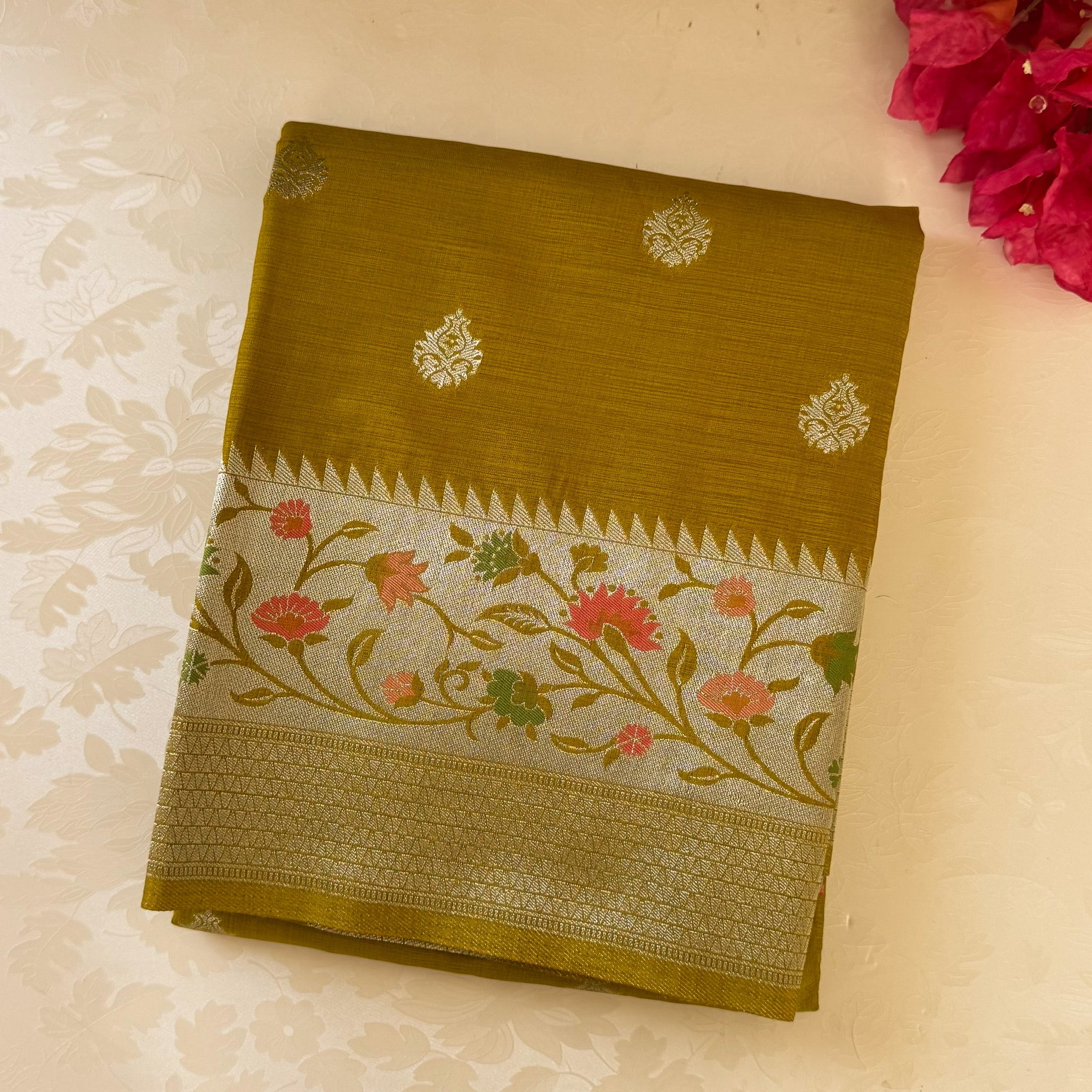 Olive Green Brocade Saree With Floral Pallu And Tassels Elegant