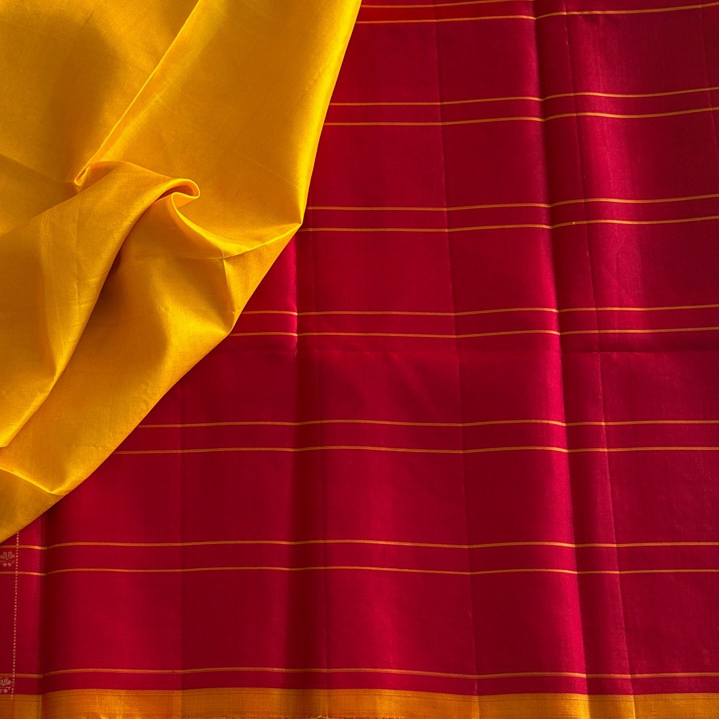 Mustard Yellow Silk Saree with Crimson Border and Copper Zari
