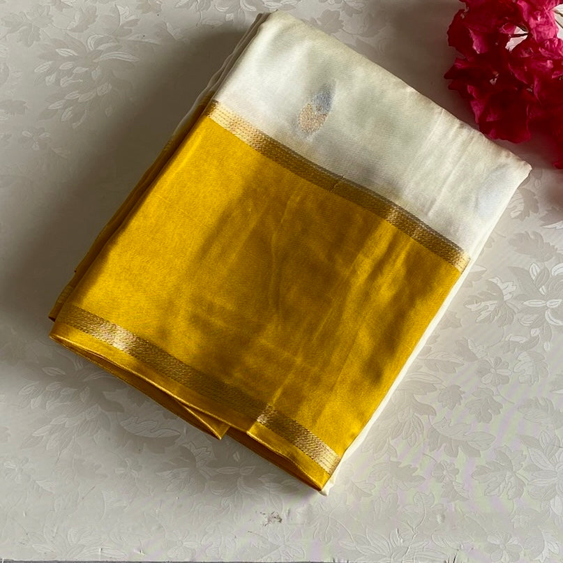 Ivory Pearl Soft Tussar Silk Saree With Mustard Yellow Pallu