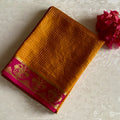 Mysore Crepe Silk Deep Mustard Saree With Rani Pink Border And Zari