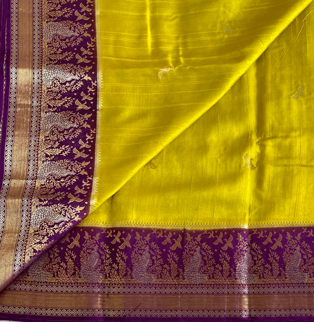 Soft Tussar Silk Lime Yellow Saree With Royal Purple Pallu