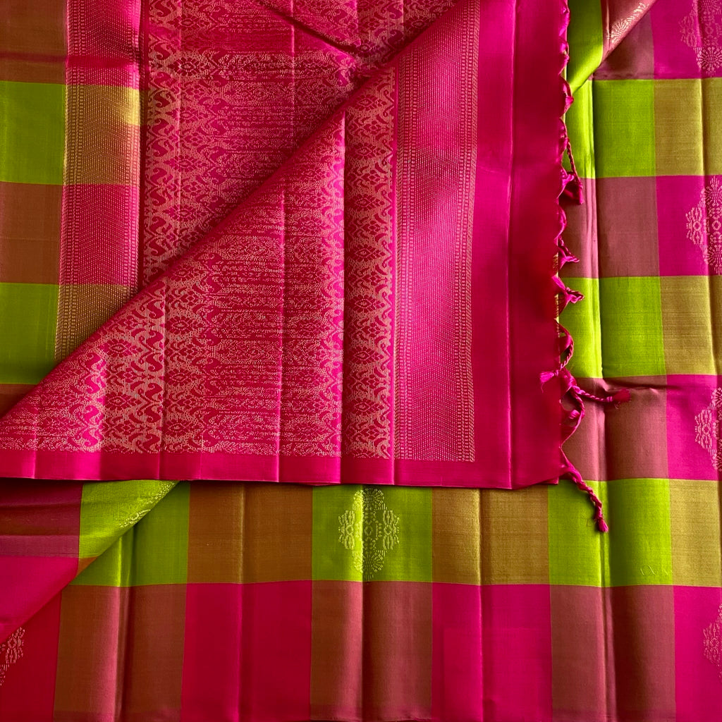 Checkered Rani Pink & Lime Green Designer Pure Silk Saree Gold Zari