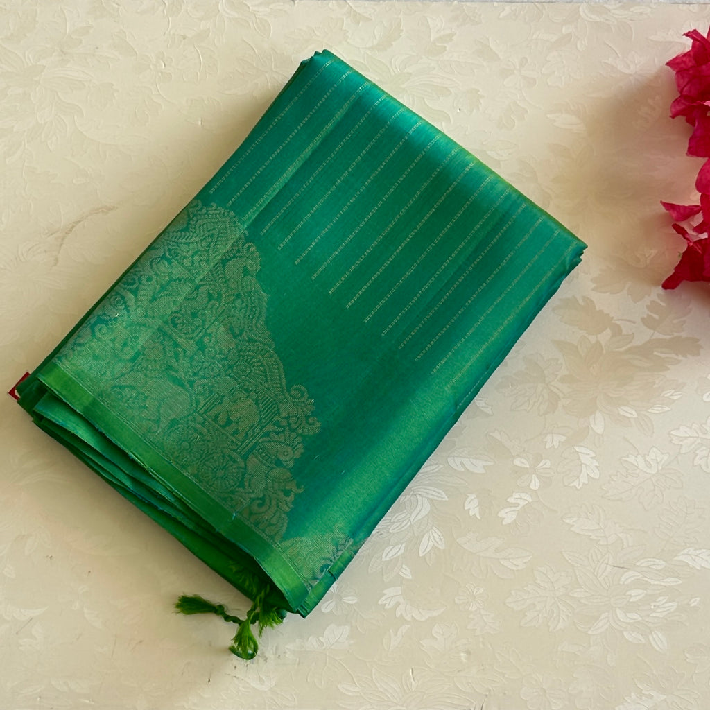 Emerald Teal Silk Saree Pale Gold Zari Elephant Border Tassels