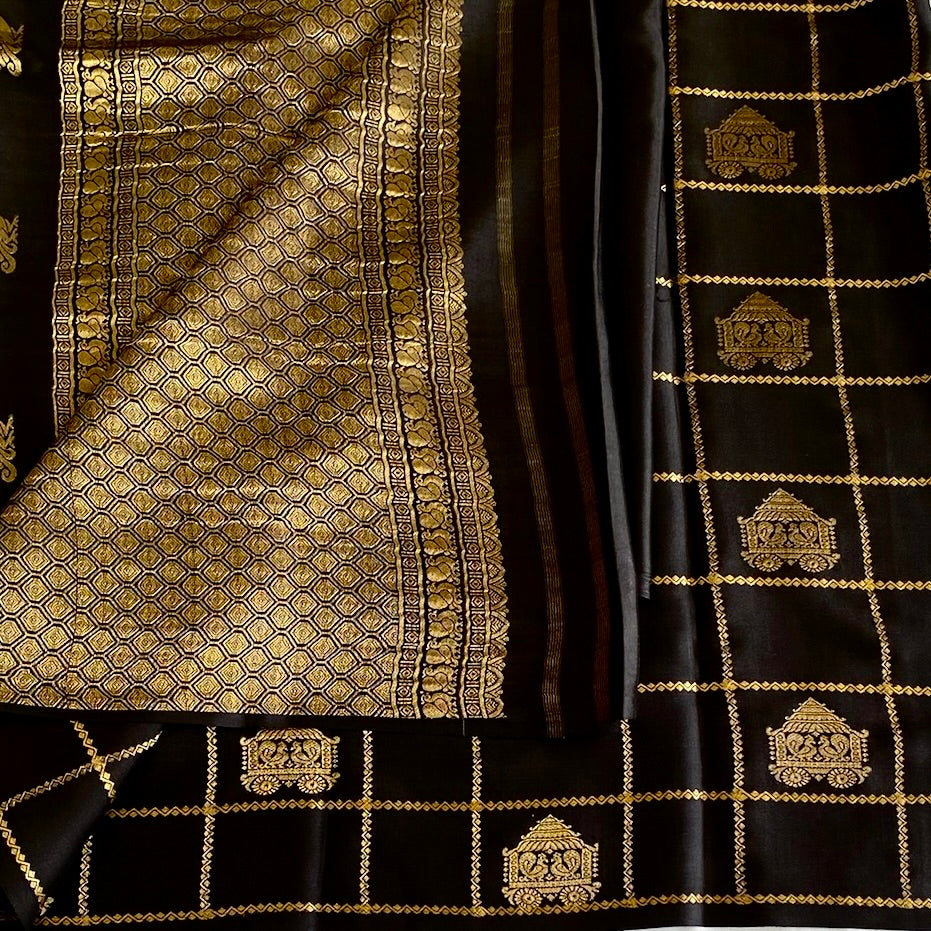 Jet Black Mysore Crepe Silk Saree With Antique Gold Checks