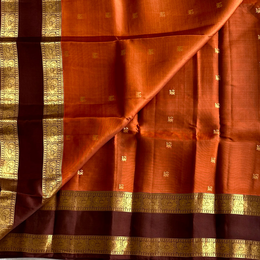 Maroon Rust Orange Silk Saree With Gold Woven Floral Border