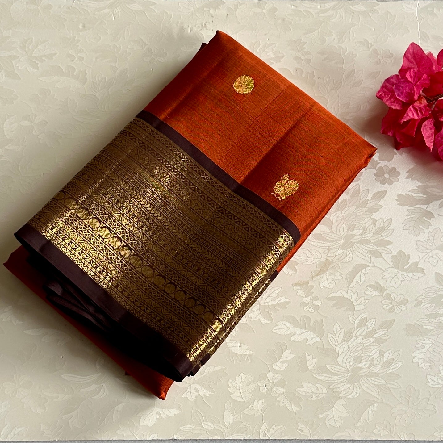 Vintage Trend Rust Orange with Deep Coffee Brown Kanjeevaram Designer Pure Silk