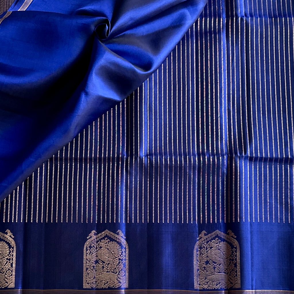 Royal Blue Saree Rose Gold Zari Peacock Temple Border