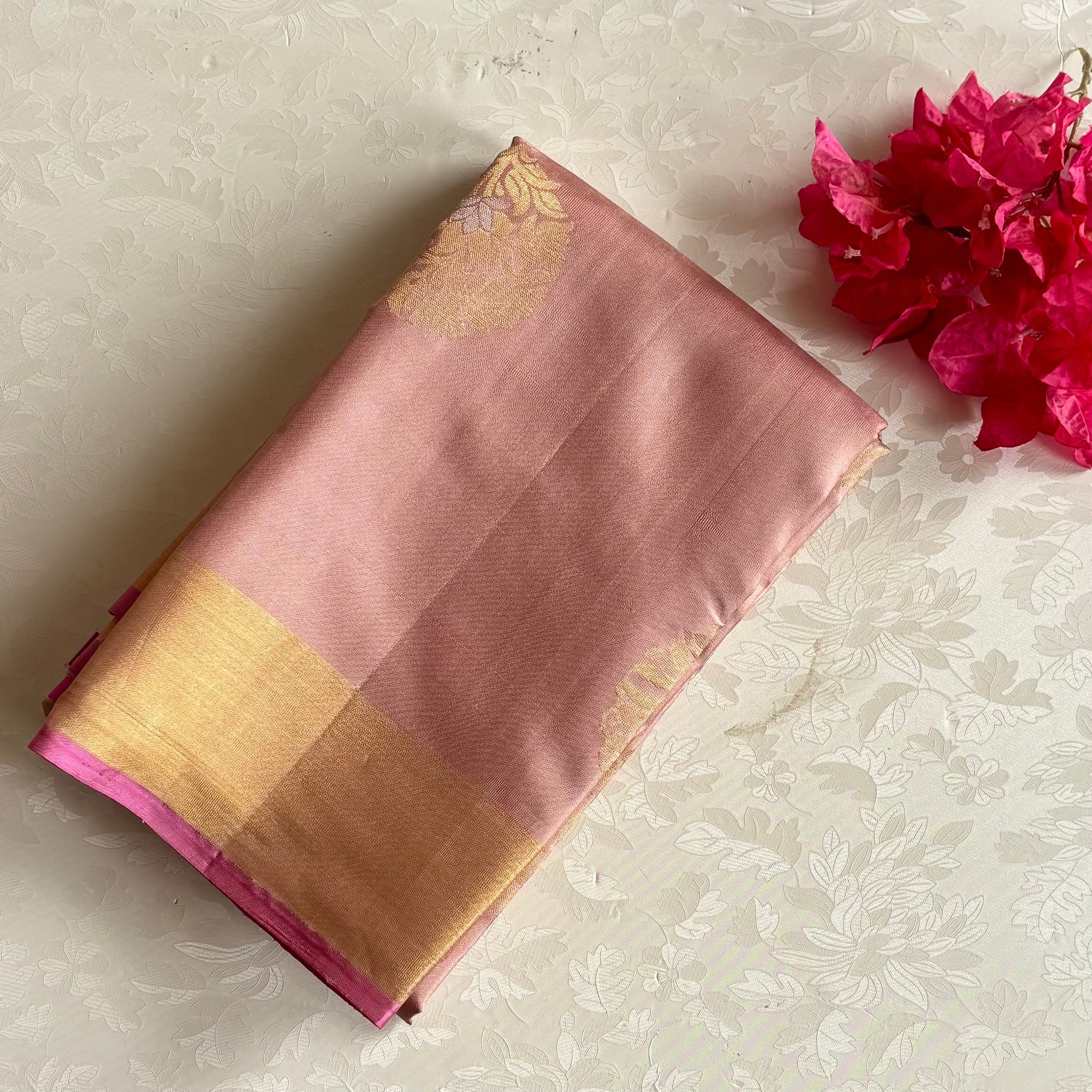 Dusty Rose Designer Pure Silk Saree With Rani Pink Pallu