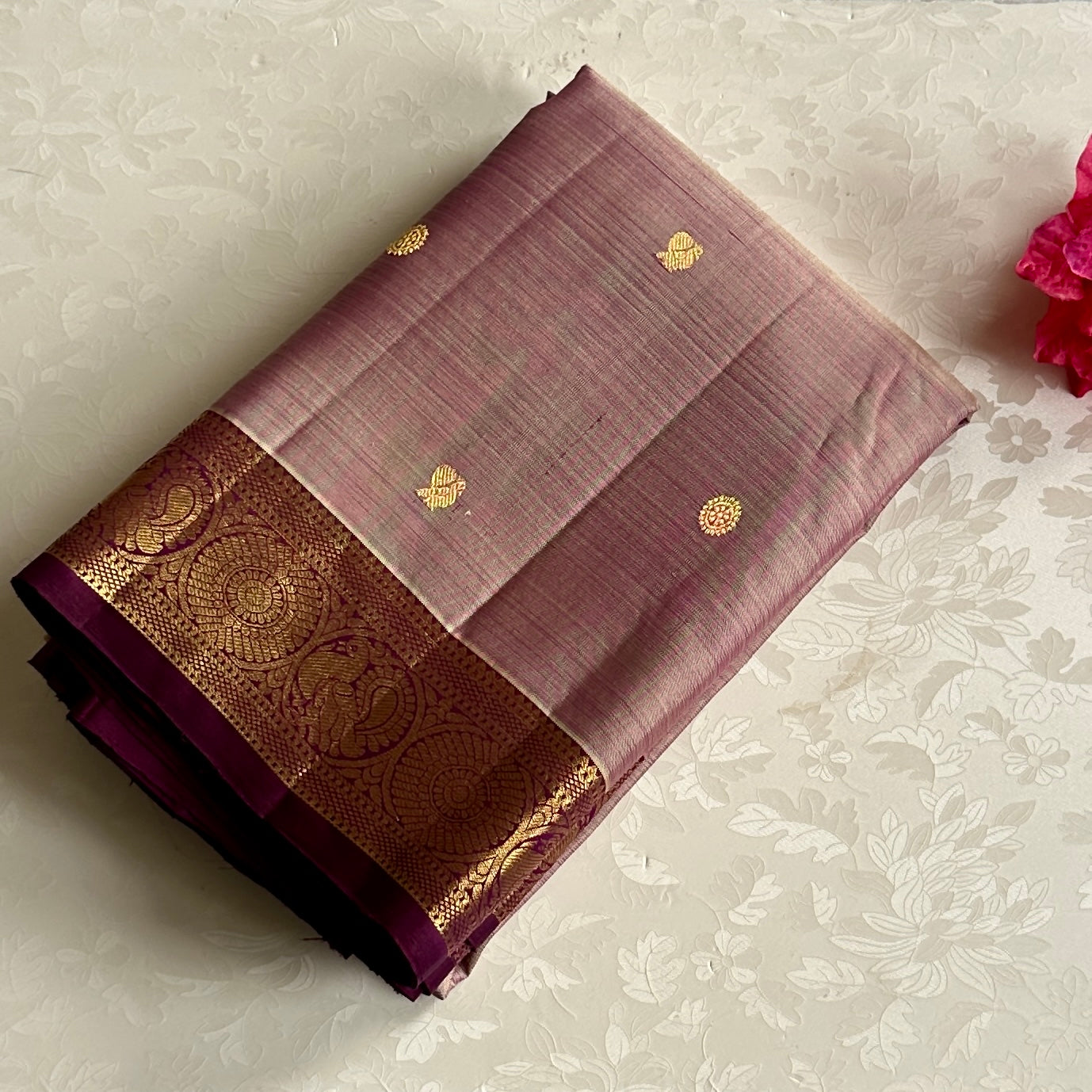 Eggplant Purple Silk Saree Champagne Body Gold Zari Border Traditional